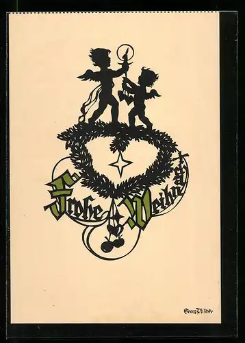 Künstler-AK Georg Plischke: Zwei Elfen mit Kerze, Weihnachtsgruss, Schattenbild