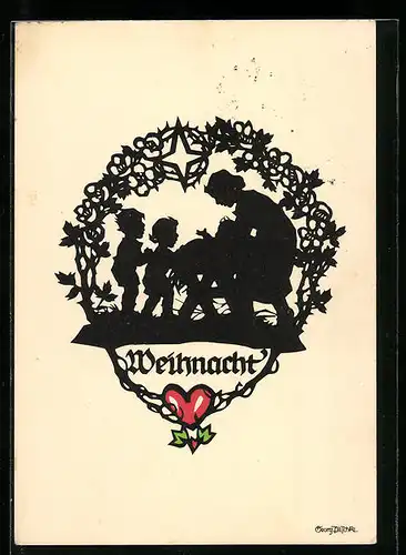 Künstler-AK Georg Plischke: Mutter und Kinder an der Krippe, Weihnachtsgruss, Schattenbild