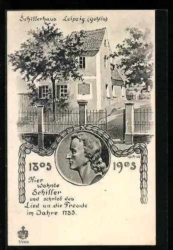 AK Schiller im Seitenprofil und Schillerhaus in Leipzig
