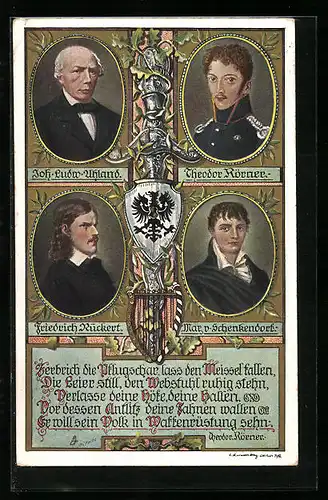 Künstler-AK Joh. Ludwig Uhland, Karl Theodor Körner, Friedrich Rückert und Max von Schenkendorf