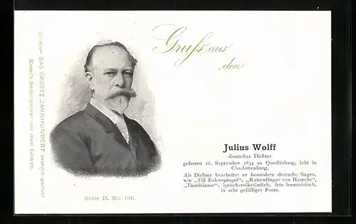 AK Portrait von Julius Wolff, deutscher Dichter