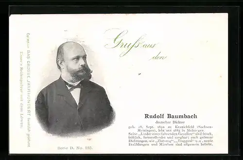 AK Rudolf Baumbach, Deutscher Dichter, Geb. 1840