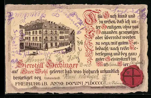 Lithographie Freiburg i. B., Gasthaus Bierstall Hechinger