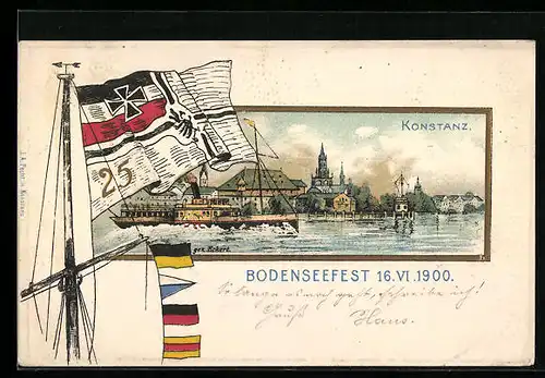 Passepartout-Lithographie Konstanz, Bodenseefest 1900 - Teilansicht mit Schiff, Deutsche Nationalflagge an Schiffsmast