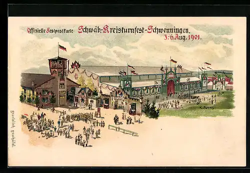 Lithographie Schwenningen, Schwäb. Kreisturnfest 1901, Festhalle