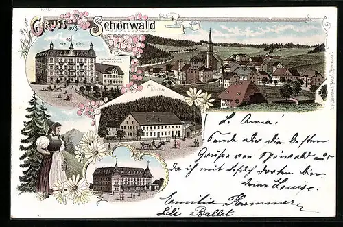 Lithographie Schönwald, Kur-Hotel, Gasthof zum Hirsch
