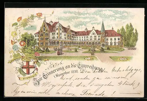 Lithographie Freiburg, Diakonissen-Krankenhaus, Festpostkarte zur Einweihung 1898