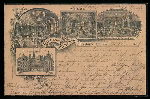 Vorläufer-Lithographie Freiburg i. Br., 1894, Gasthaus Alte Burse, Bierhalle am Eingang, Bertholdstrasse