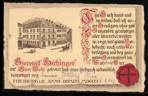 Lithographie Freiburg i. Br., Gasthaus Bierstall Hechinger, Urkunde