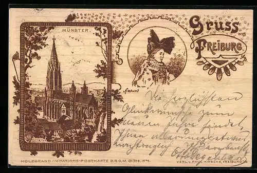 Holzbrand-Imitations-AK Freiburg i. Br., Münster, Schwarzwälderin in Tracht