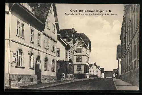 AK Schwenningen a. N., Austrasse mit Lebensmittelhandlung J. M. Jauch