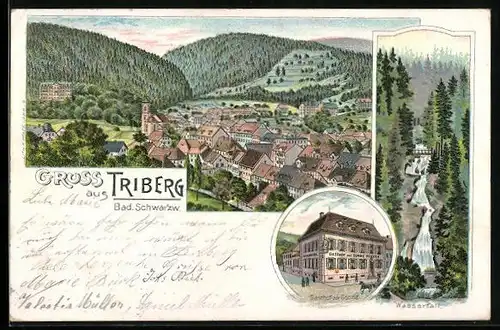 Lithographie Triberg, Totalansicht, Gasthaus zur Sonne, Wasserfall