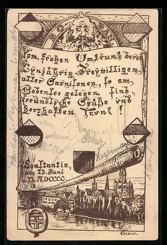 Lithographie Konstanz, Vom frohen Umtrunk derer Eynjährig Freywilligen aller Garnisonen, Bodan