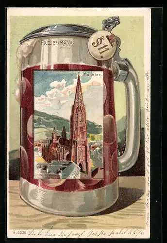 Passepartout-Lithographie Freiburg i. Br., Münster im Bierkrug, $ 11