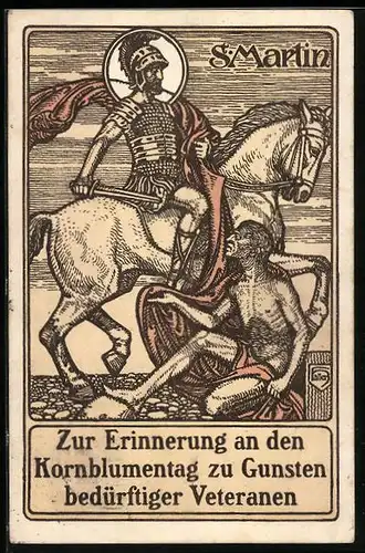 Künstler-AK Freiburg, Kornblumentag, St. Martin, auf seinem Pferd mit dem Bettler