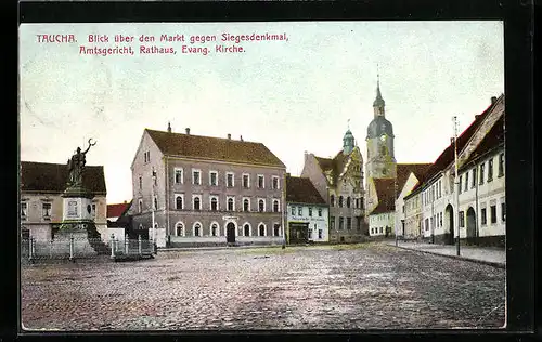 AK Taucha, Markt mit Siegesdenkmal, Amtsgericht und Rathaus