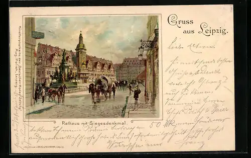 Lithographie Leipzig, Rathaus mit Siegesdenkmal
