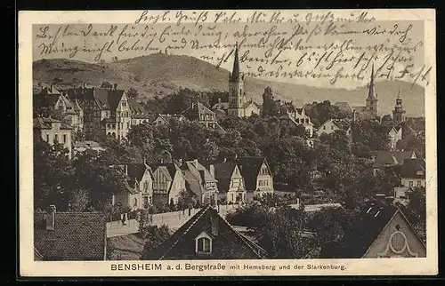 AK Bensheim / Bergstrasse, Teilansicht mit Hemsberg und Starkenburg