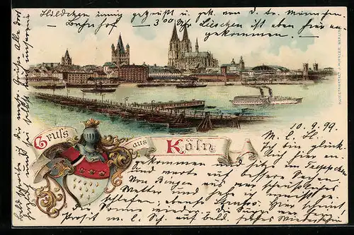 Lithographie Köln, Gesamtansicht mit Dom, Stadtwappen