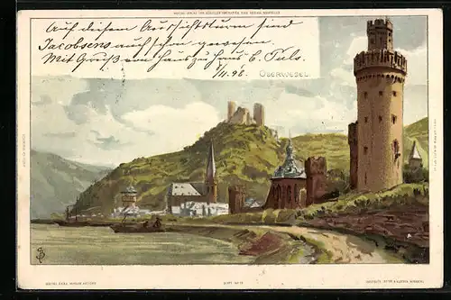 Künstler-AK Carl Biese: Oberwesel, Uferpartie mit Turm, Kirche und Ruine