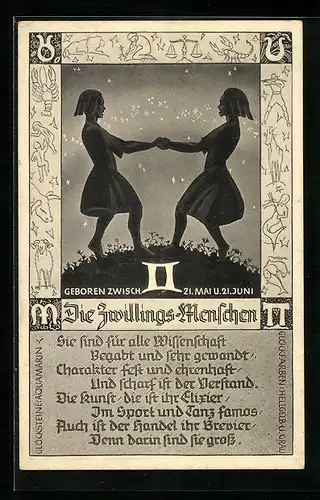 AK Die Zwillings-Menschen, geb. zwischen 21. Mai und 21. Juni, Eigenschaften im Gedicht erzählt