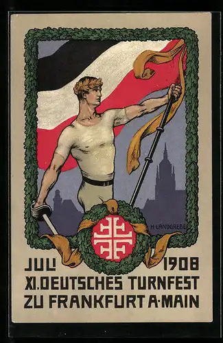 Künstler-AK Frankfurt a. M., XI. Deutsches Turnfest 1908, Turner mit Degen und Flagge