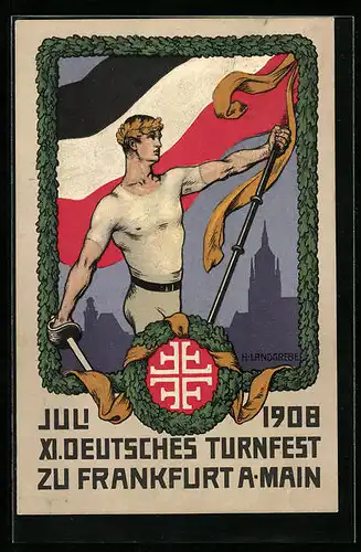 Künstler-AK Frankfurt a. M., XI. Deutsches Turnfest 1908, Turner mit Degen und Flagge