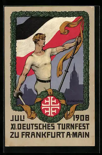 Künstler-AK Frankfurt a. M., XI. Deutsches Turnfest 1908, Turner mit Degen und Flagge