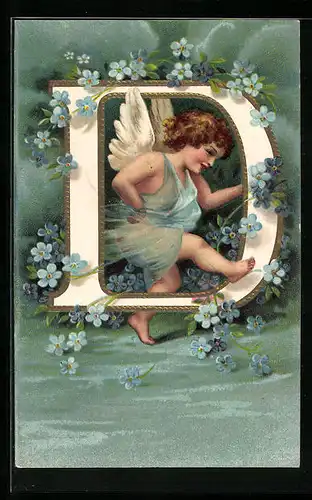 Präge-AK Engel mit Buchstaben D und Blumen im Wolkenhimmel