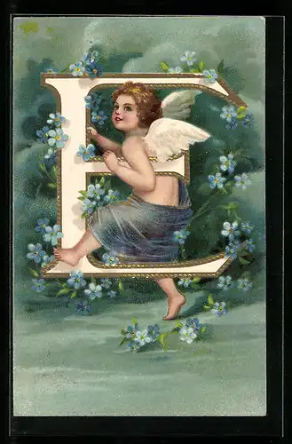 Präge-AK Engel trägt den Buchstaben E durch den Wolkenhimmel