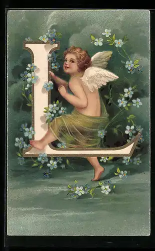 Präge-AK Engel mit Buchstaben L im Wolkenhimmel