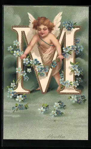 Präge-AK Engel dekoriert den Buchstaben M mit einer Blumengirlande