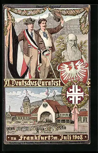 Künstler-AK Frankfurt a. M., XI. Deutsches Turnfest 1908, Turnvater Jahn, Wappen, Sportler, Festplatz