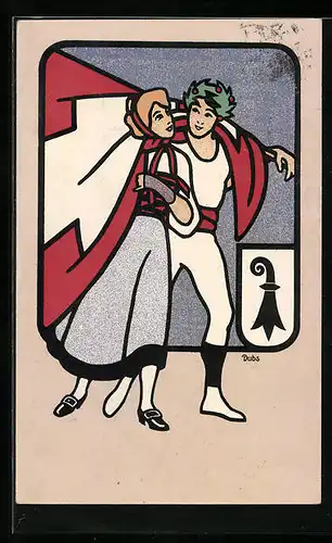 Künstler-AK Basel, 56. Eidgen. Turnfest 1912, Turner mit Fräulein und schweizer Flagge, Wappen
