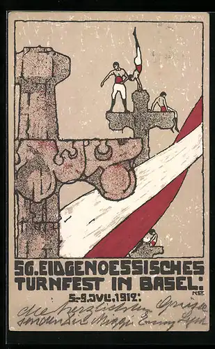 Künstler-AK Basel, 56. Eidgen. Turnfest 1912, Turner auf einem Kreuz, wehende Flagge