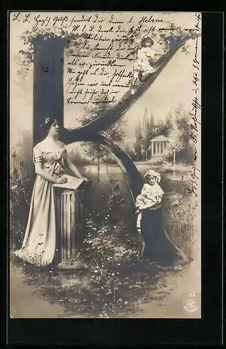 AK Buchstabe K, Frau an einer Säule stehend, Kinder klettern auf dem Buchstaben