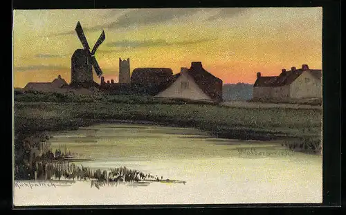 Künstler-AK Walberswick, Ortsansicht mit Windmühle