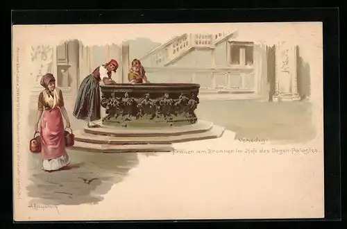 Lithographie Venedig, Frauen am Brunnen im Hofe des Dogen-Palastes