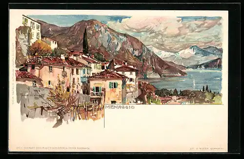 Künstler-AK Menaggio, Ortsansicht mit Gebirge