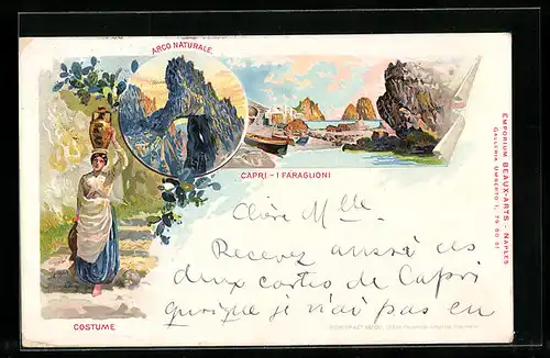 Lithographie Capri, i Faraglioni, Arco Naturale, Costume