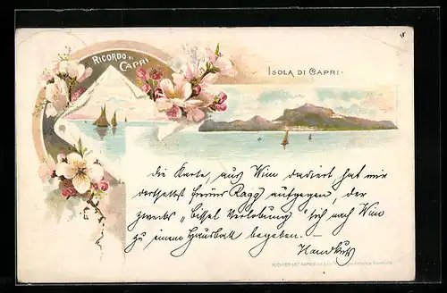 Lithographie Capri, Isola, Gebirge und Blumen