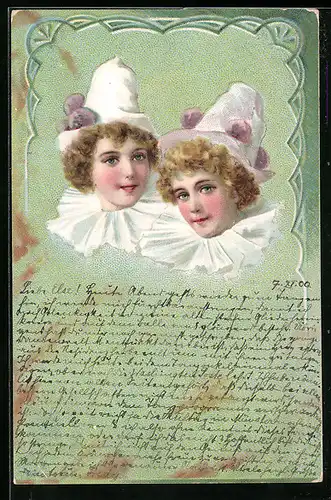AK Zwei Mädchen im Harlekin-Kostüm