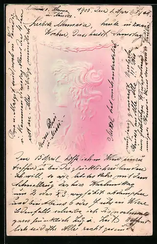 Präge-AK Junge Frau mit toller Frisur im Jugendstil