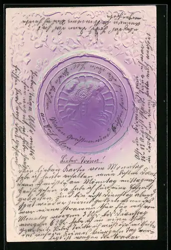 Präge-Airbrush-AK Frauenkopf im Jugendstil