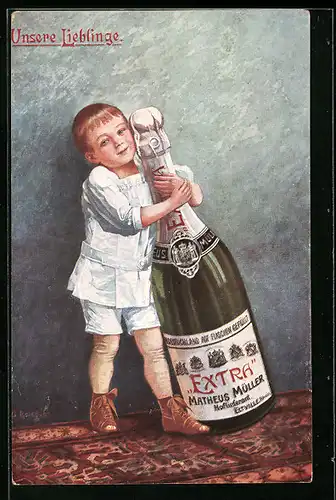 Künstler-AK Kleinkind mit einer Flasche Sekt