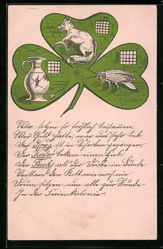 AK Kleeblatt mit Fuchs Krug und Käfer, studentische Szene