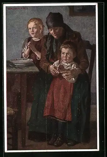 Künstler-AK Mutter mit zwei Kindern beim Gebet vor dem Essen, Kinderfürsorge