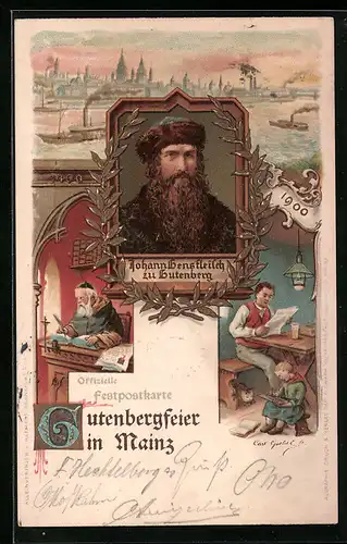 Künstler-AK Mainz, Gutenbergfeier mit Porträt Johann Gensfleisch zu Gutenberg