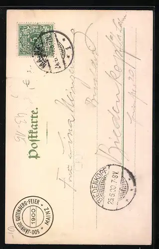 Künstler-AK Mainz, Gutenbergfeier mit Porträt Johann Gensfleisch zu Gutenberg