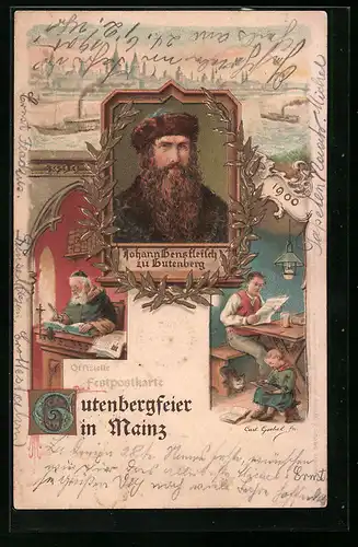Künstler-AK Mainz, Gutenbergfeier mit Porträt Johann Gensfleisch zu Gutenberg